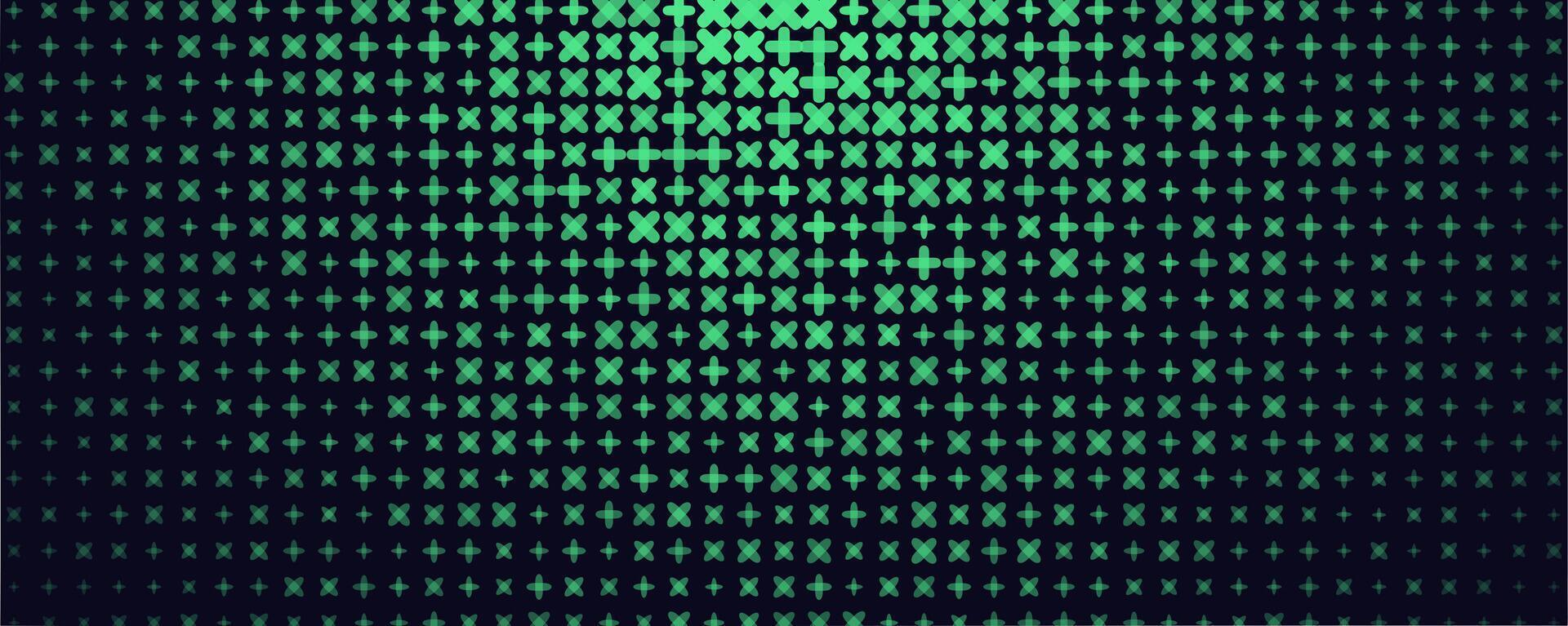 Green plus cross grid gradient pattern. Geometric signs create pixel matrix illusion texture for tech, science, medicine, data, gaming in banner, header, app, slide use. background vector