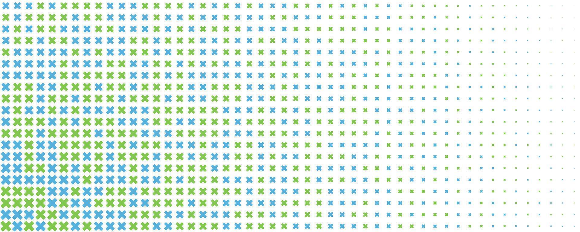 Blue green cross pattern halftone gradient background, density fade texture, calm tech vibe. Abstract geometric medical science lab backdrop, use web, app, slide, banner, packaging. BG vector