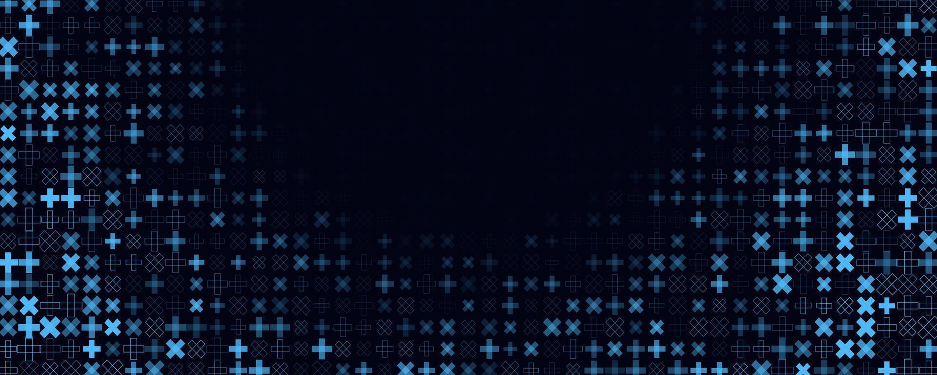 Blue plus cross icons surround center gradient background in tech vibe. Border frame texture for health, data, cyber in banner, header, cover, slide, app. Modern geometric BG. illustration. vector
