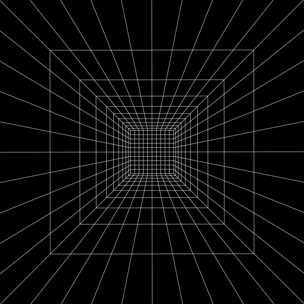 White square room wireframe in perspective on black background. Hallway, studio, portal or box grid structure. Engineering, architecting or technical isometric scheme vector