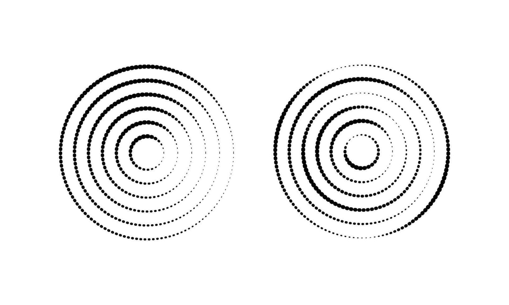 Circular ripple icons. Concentric circles with polka dot lines isolated on white background. Vortex, sonar wave, soundwave, signal signs vector