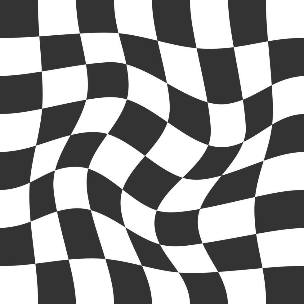 Distorted chessboard texture. Psychedelic pattern with warped black and white squares. Race flag or plaid layout. Checkered visual illusion. Trippy checkerboard surface vector