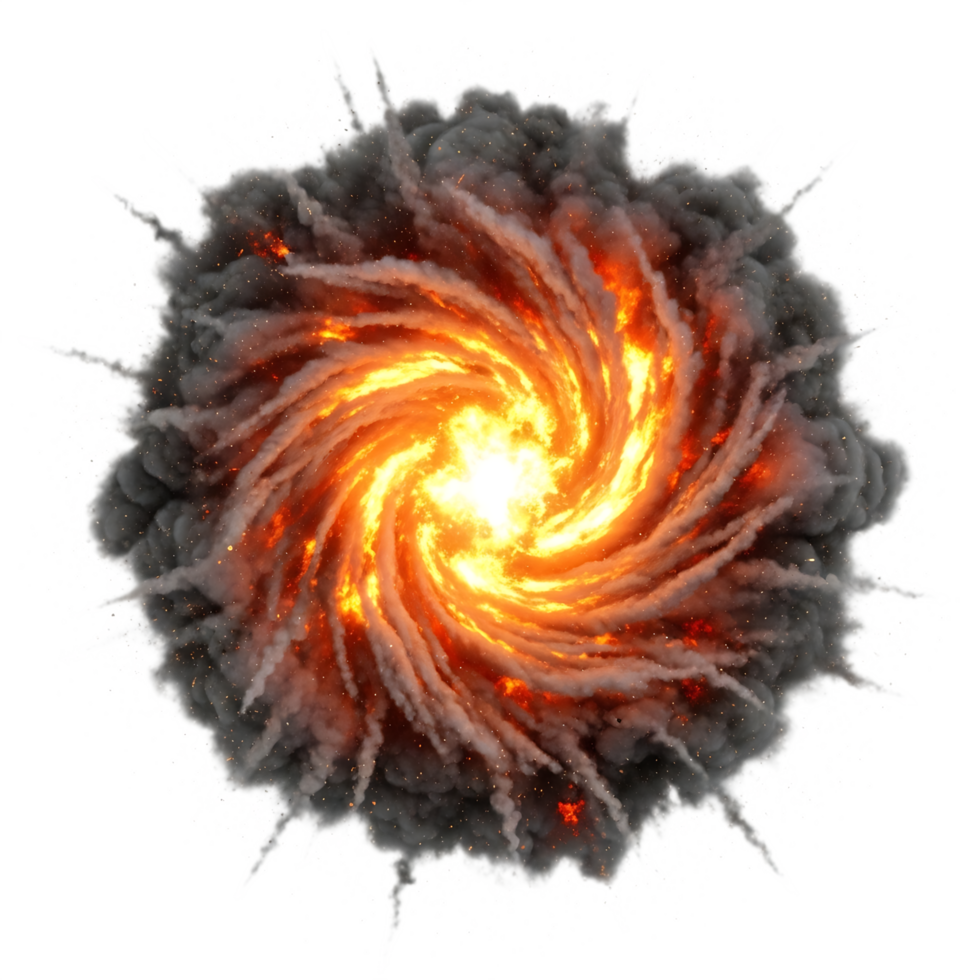 Top view of a swirling explosion with orange flames and dark smoke isolated on transparent background, creating a dynamic and fiery effect png