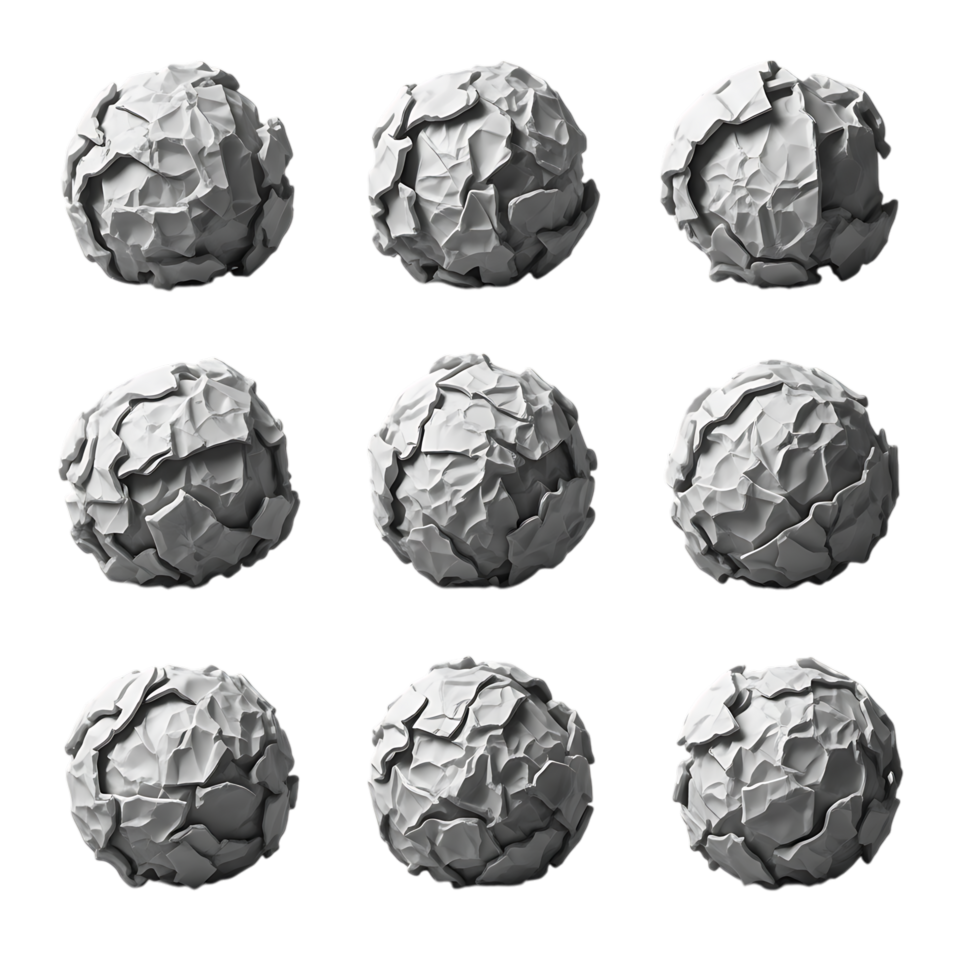 Nine gray paper balls arranged in a grid pattern isolated on transparent background, creating a visually appealing and textured composition png