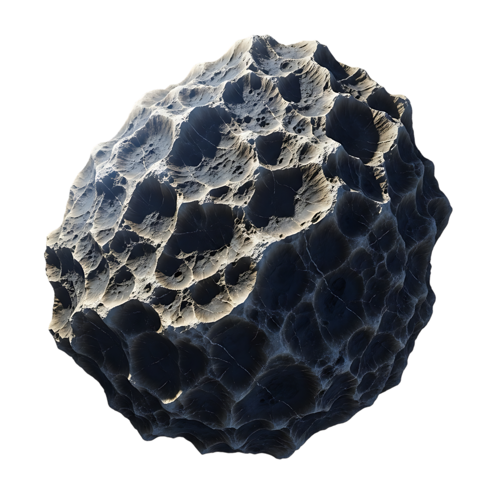 An isolated on transparent background image of a dark, porous asteroid with a rough surface, showcasing its irregular shape and intricate texture png