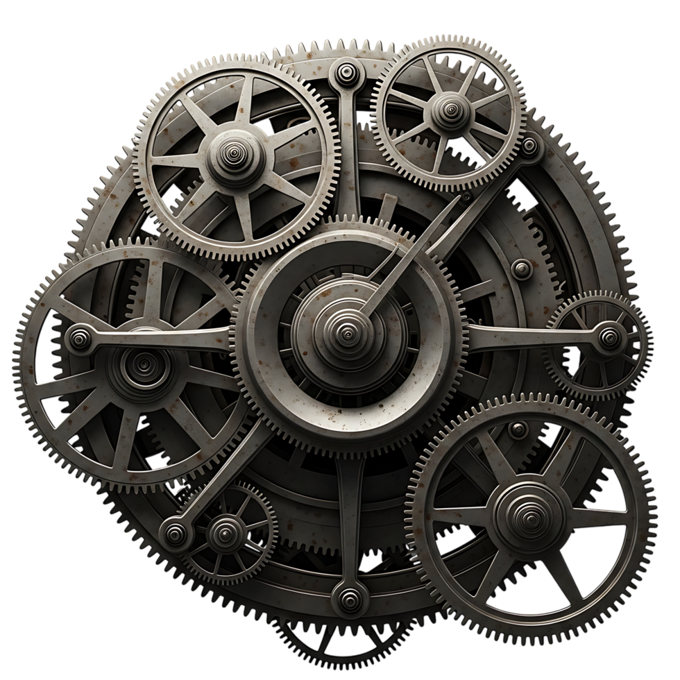 Intricate gears and cogs arrangement isolated on transparent background, showcasing a complex mechanical system with interlocking components and industrial design elements png