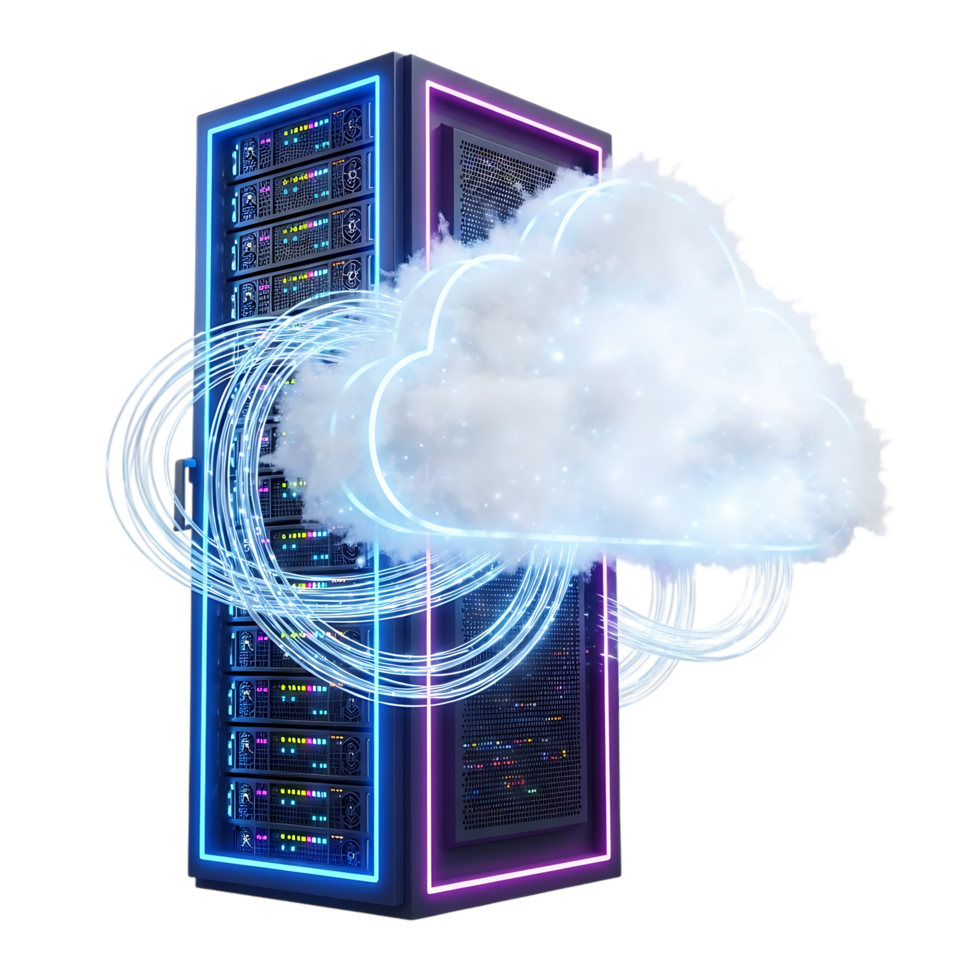 neonlit server Torre con un' nube in bilico, in mostra moderno nube calcolo infrastruttura isolato su trasparente sfondo png