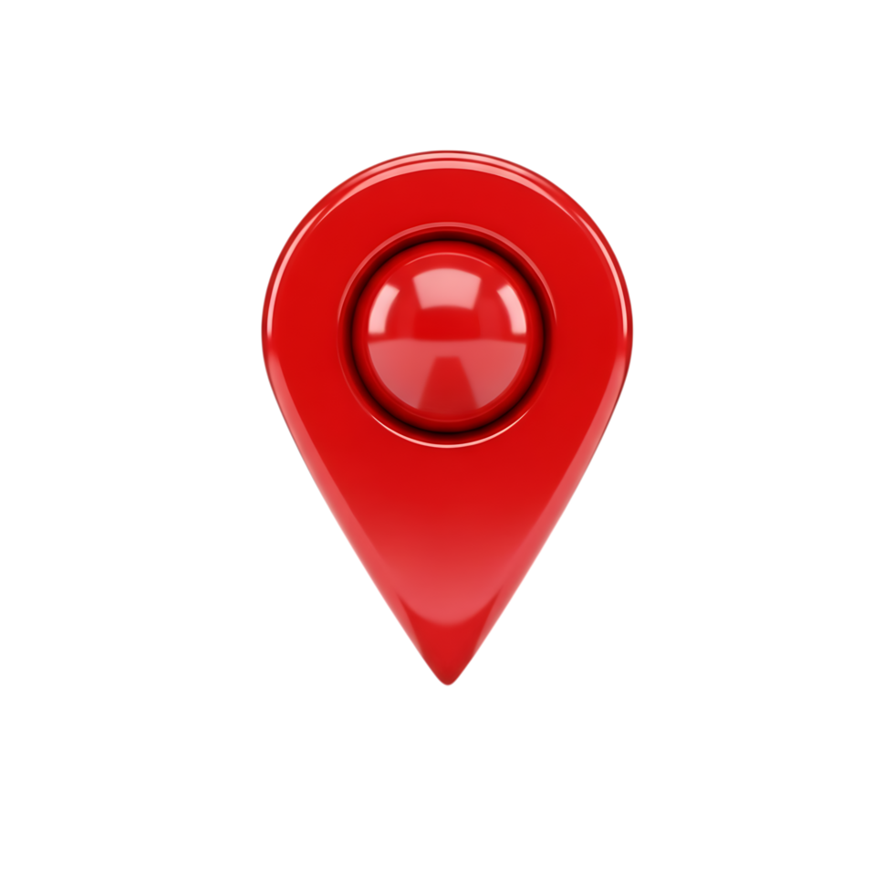 A glossy red location pin isolated on transparent background, indicating a specific point or destination on a map, commonly used in navigation apps png