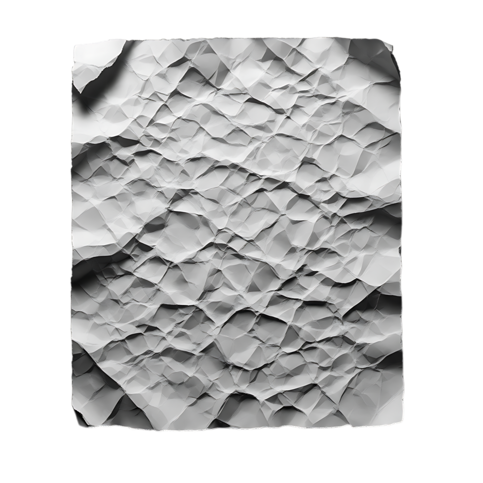 Closeup of a crumpled piece of white paper isolated on transparent background, showcasing its intricate texture and patterns created by the folds png
