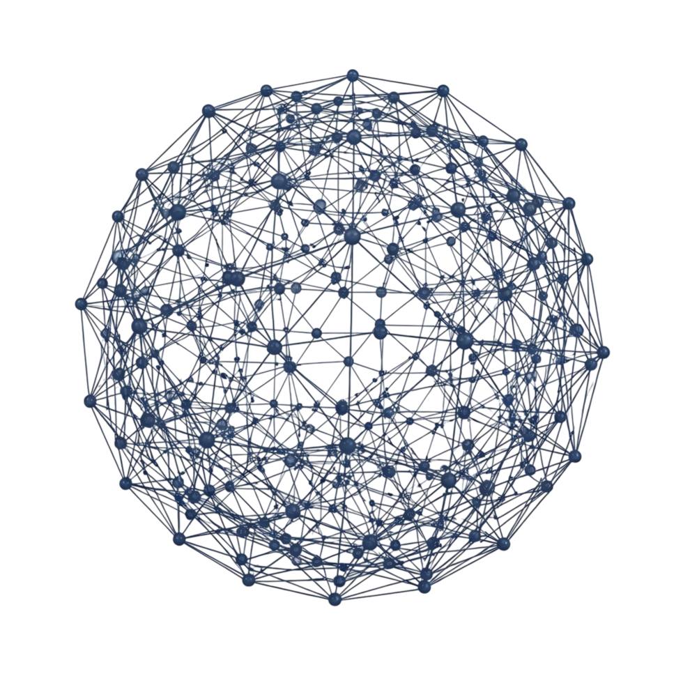 Abstract sphere isolated on transparent background, composed of interconnected nodes and lines, representing network, connection, and complex system png