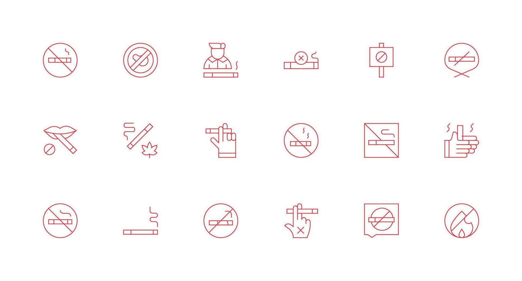 No de fumar icono conjunto con 18 mínimo línea gráficos web icono colección vector