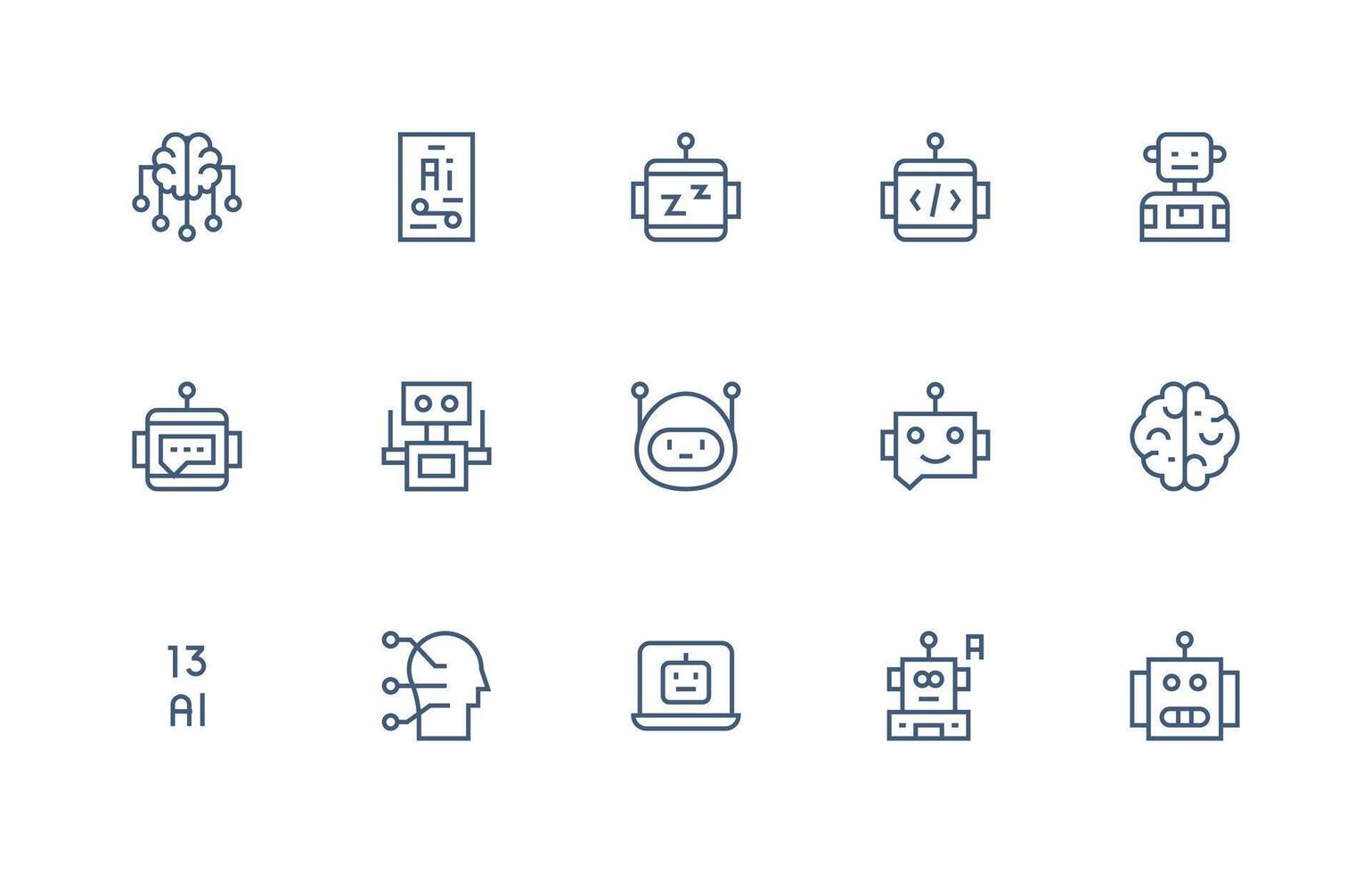 Artificial Intelligence Design Icons featuring 15 in Regular Line Style Dashboard Icon Series vector