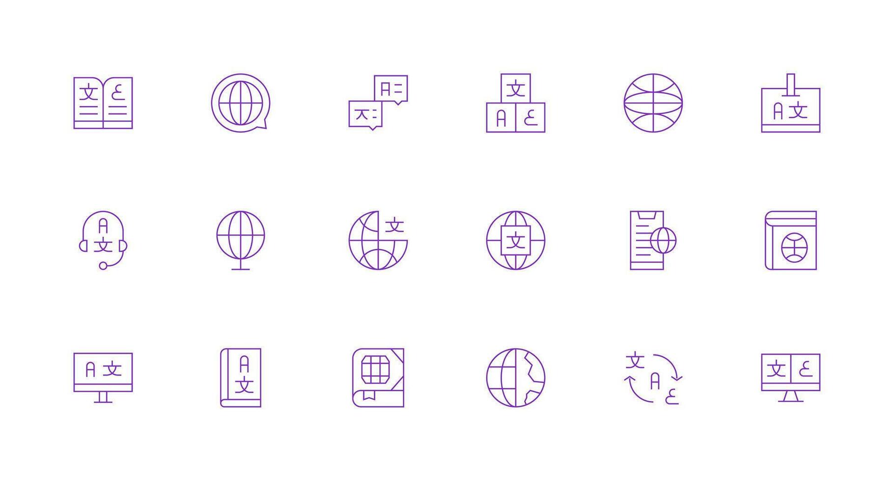 Multilingual Design Icons featuring 18 in Minimal Line Style Interface Icon Collection for Daily Projects vector