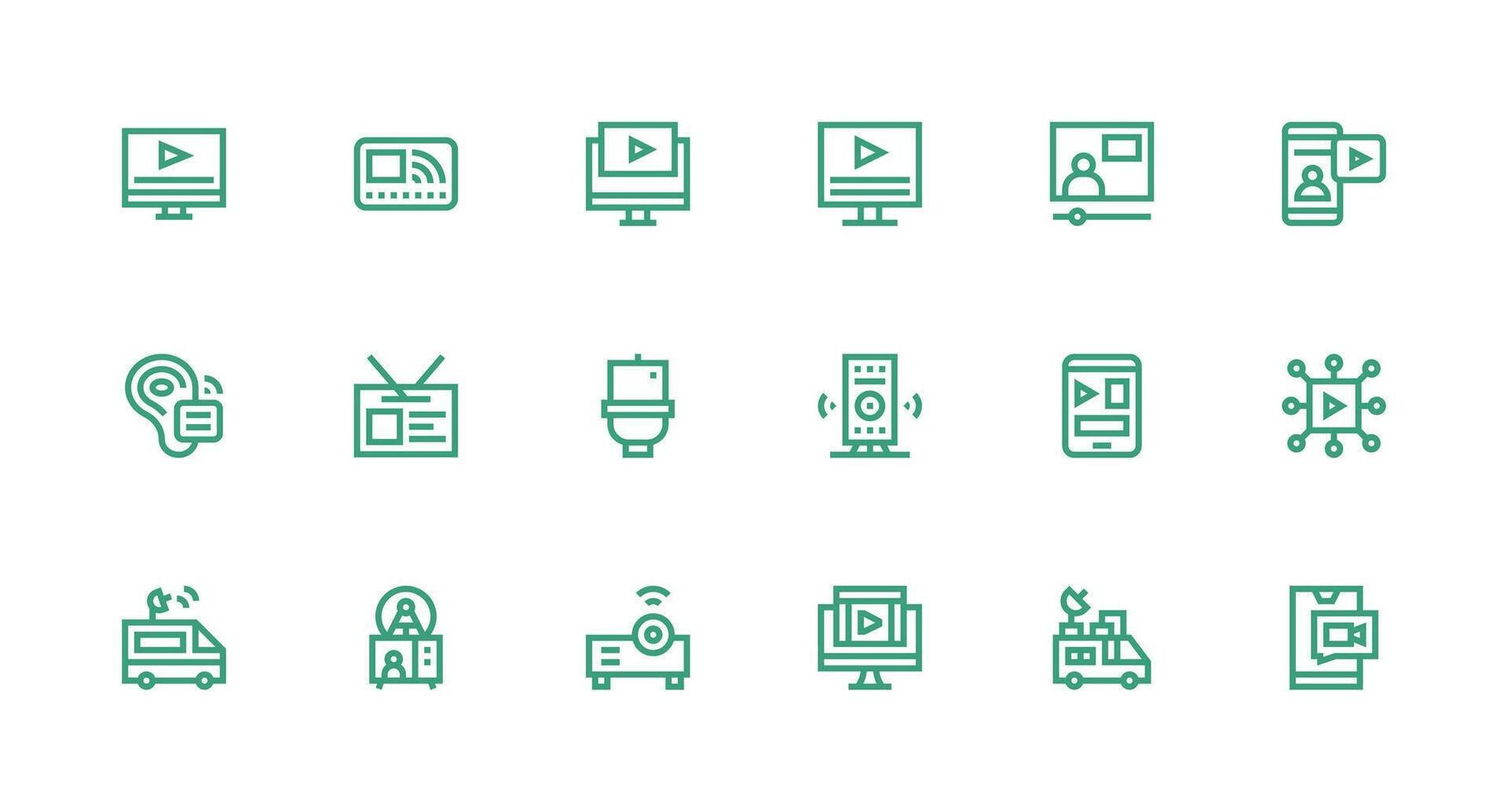 Streaming Design Icons featuring 18 in Strong Stroke Line Style Fully Editable Icon Set for Web vector