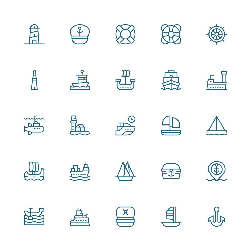 Medium Stroke Outline Style Ship Icons with 25 Vectors Customizable Icon Series for Mobile Screens