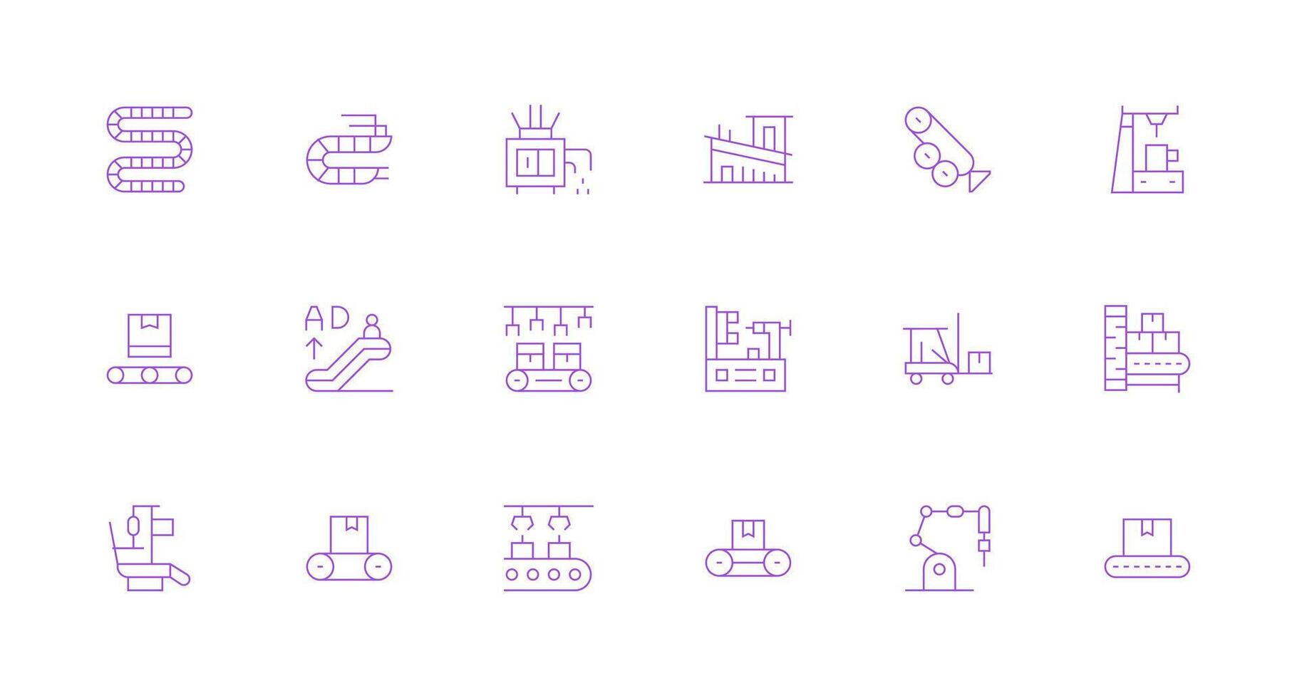 Conveyor Icon Set with 18 Minimal Line Graphics General Use Icon Pack vector