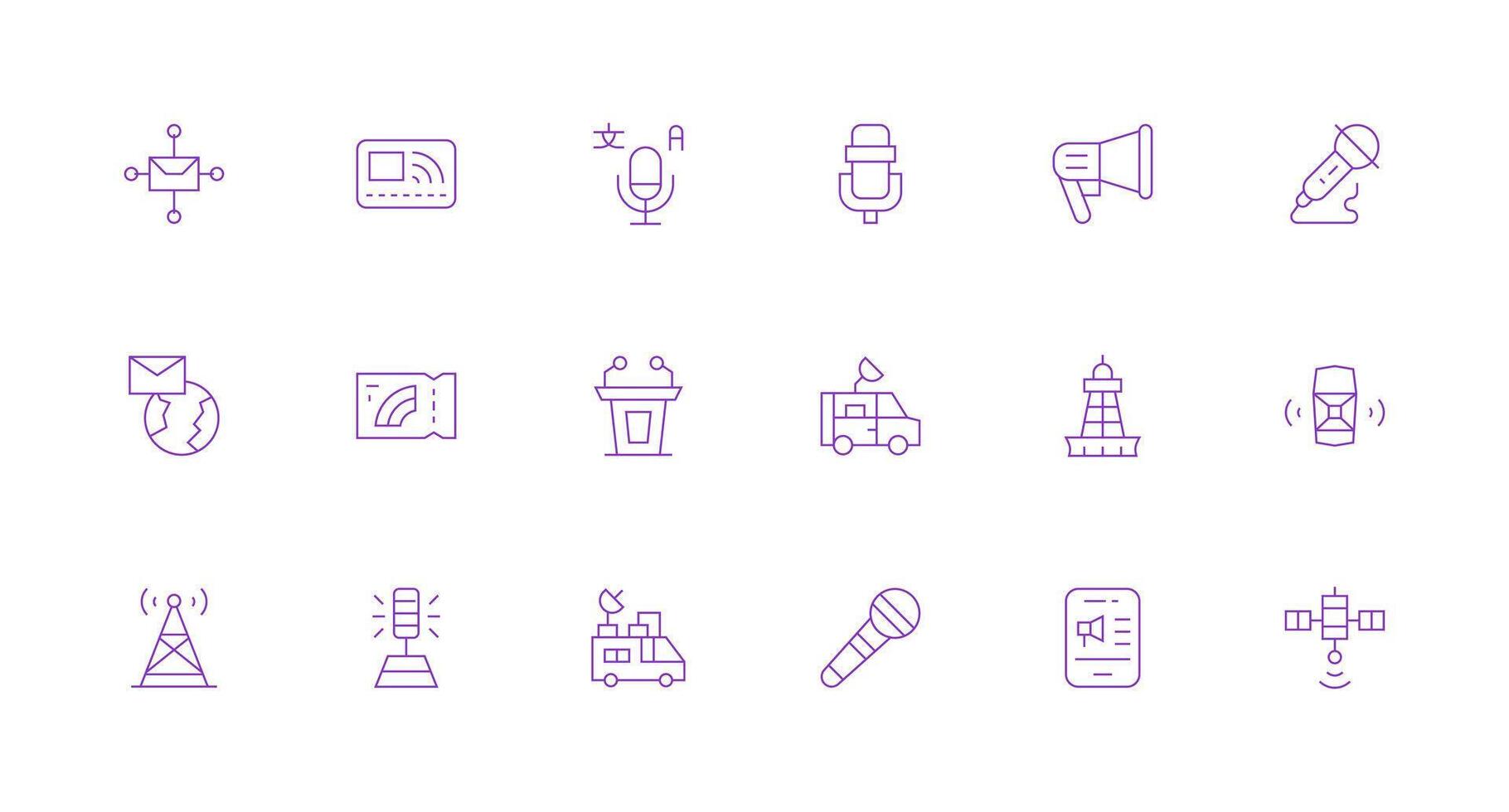 Broadcasting Icon Set with 18 Minimal Line Graphics Digital Icon Collection vector