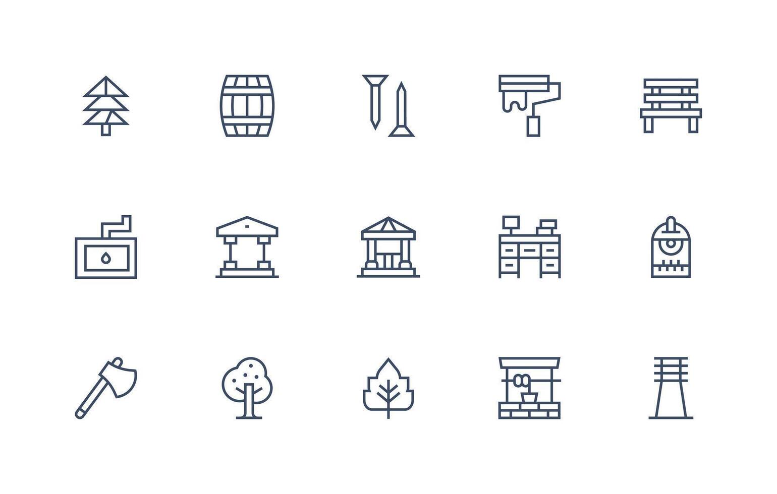 Wood Design Icons featuring 15 in Regular Line Style Simple Icons for Interface and Wireframes vector