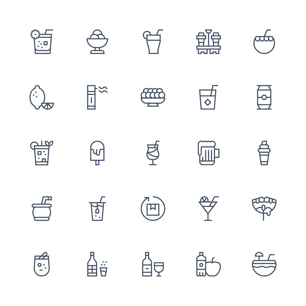 Refreshment Design Icons featuring 25 in Medium Stroke Outline Style Responsive Icon Set for Flexible Layouts vector