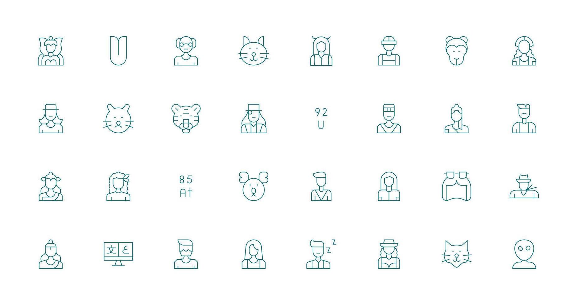 Character Design Icons featuring 32 in Thin Line Style Complete Icon Set for Mobile Apps vector