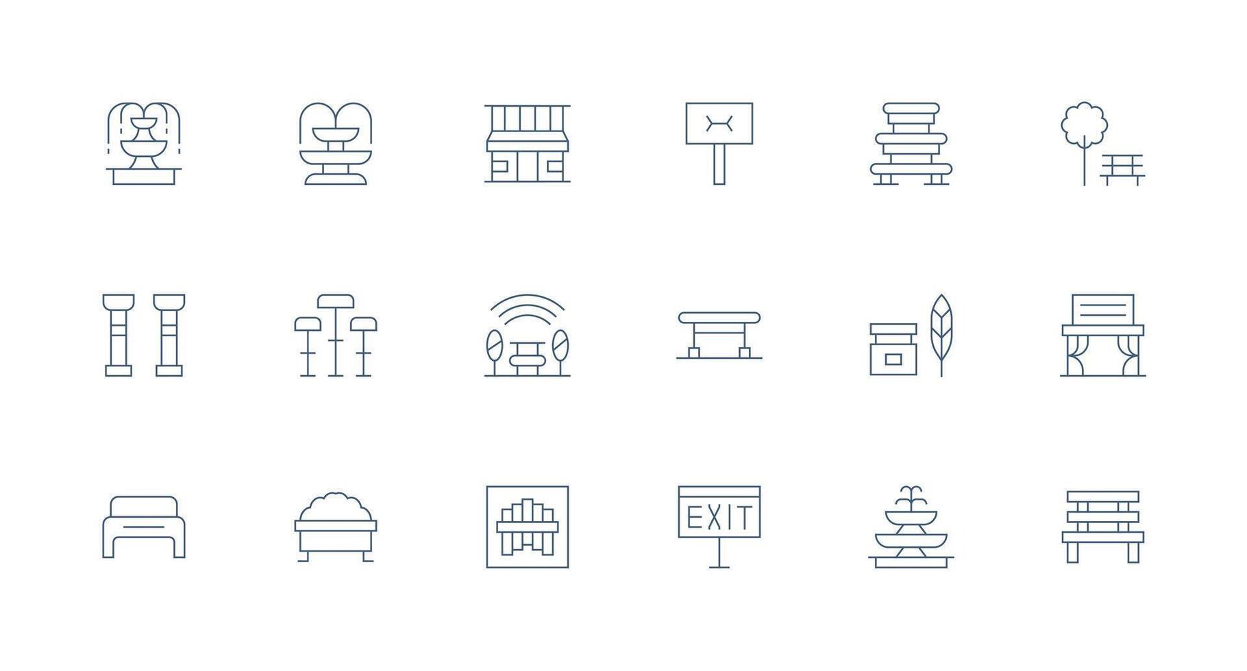 Public Space Design Icons featuring 18 in Minimal Line Style Scalable Icons for All Themes vector