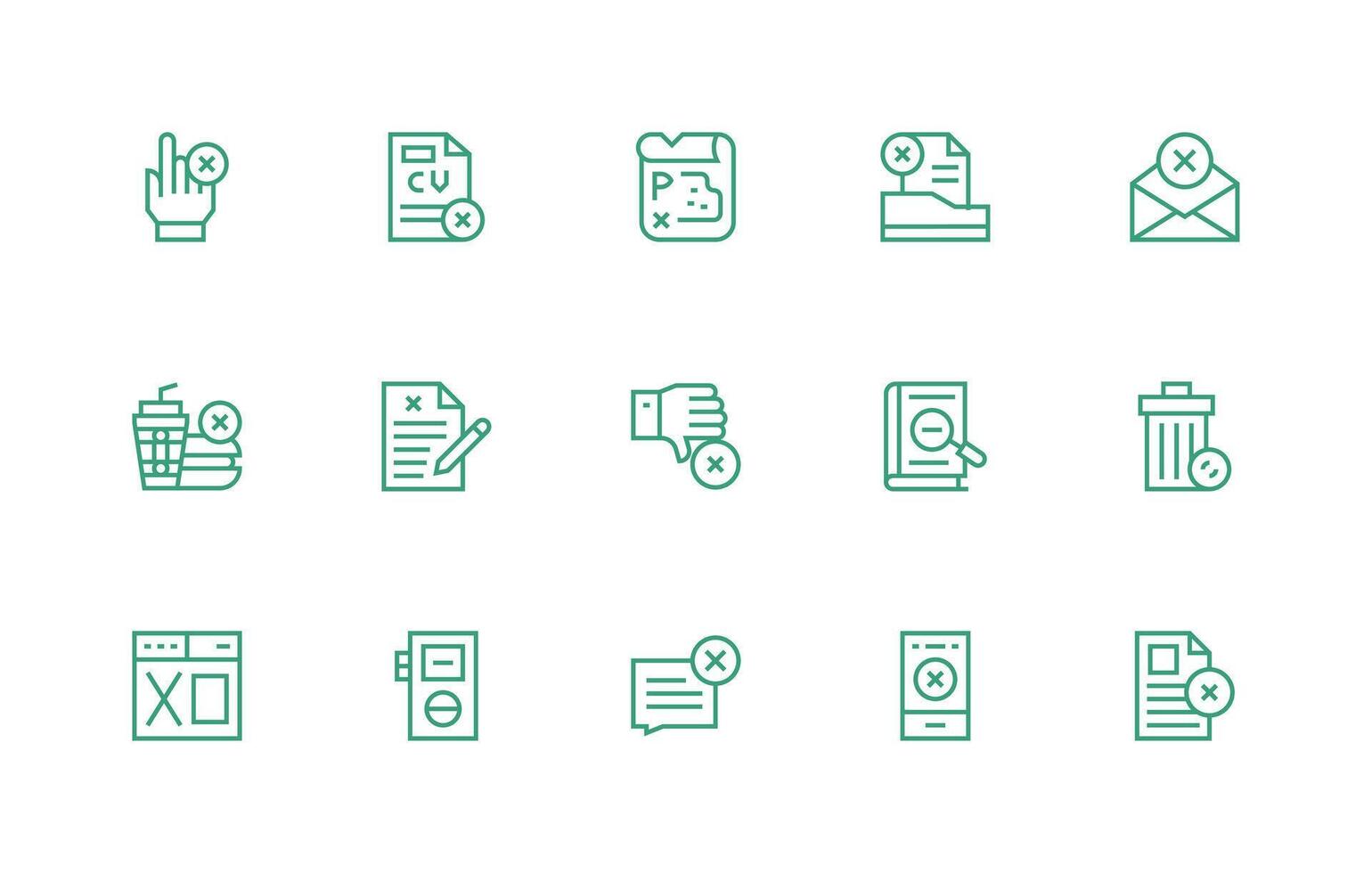 Delete Icon Set with 15 Regular Line Graphics Responsive Icon Set for Flexible Layouts vector
