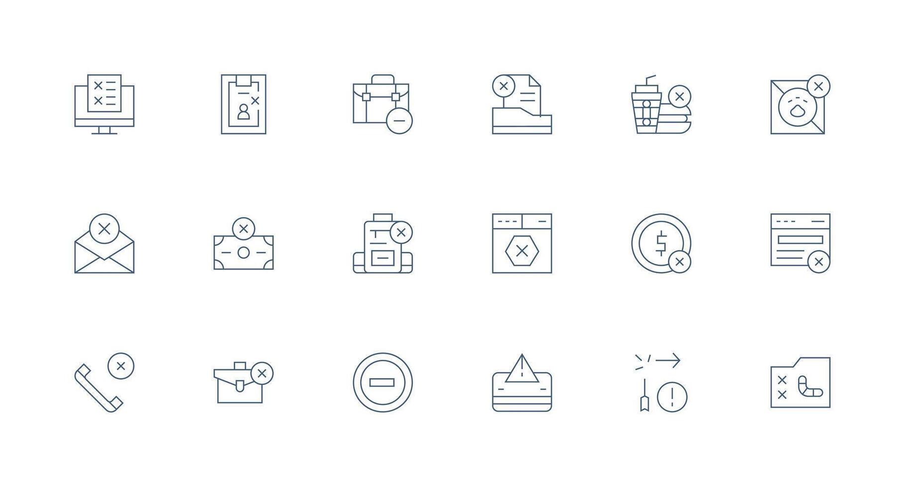 Rejected Visual Pack containing 18 Minimal Line Icons Scalable Icons for All Themes vector