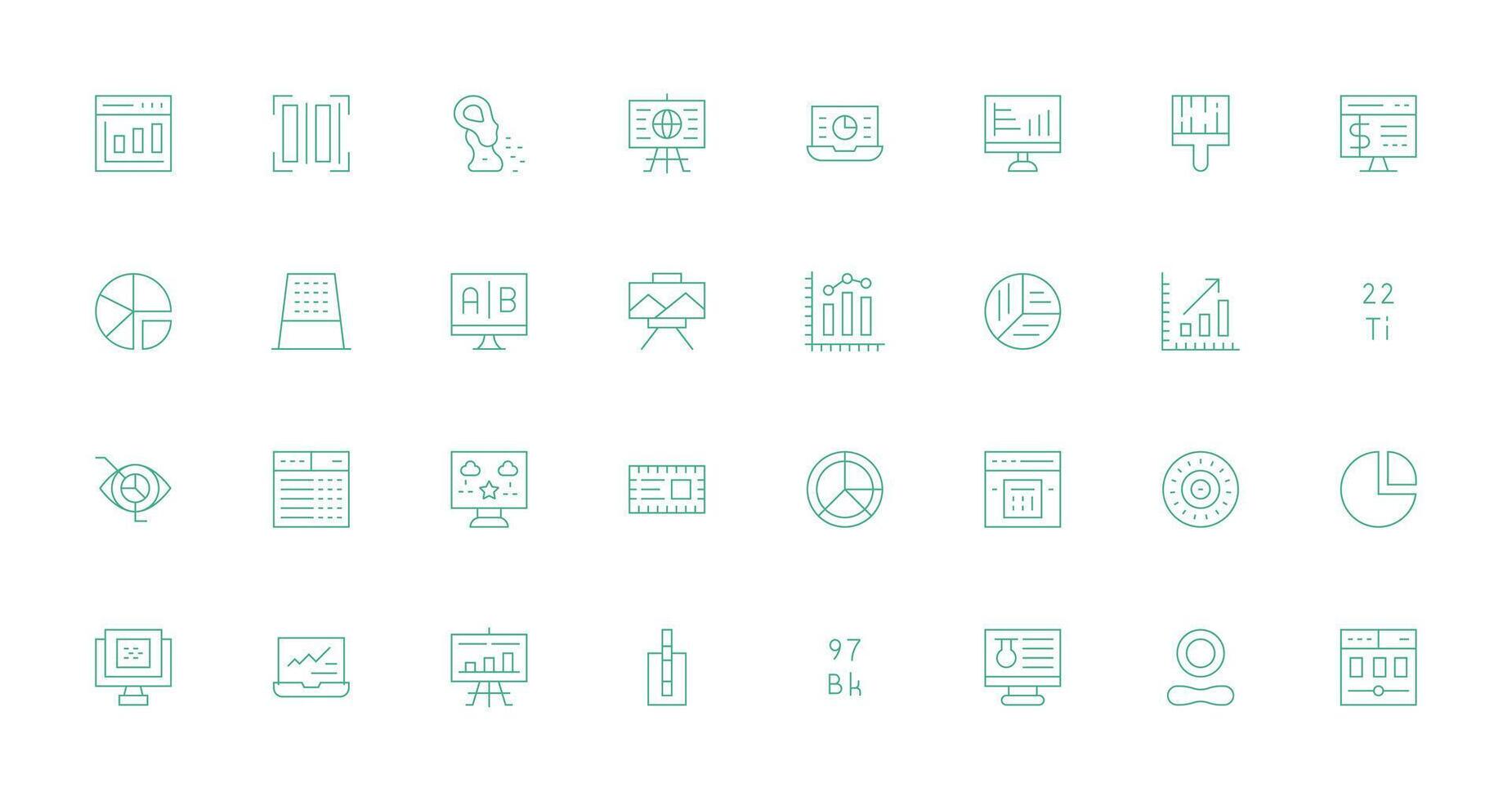 32 íconos para datos visualización en Delgado línea formato mínimo icono conjunto para interfaz proyectos vector