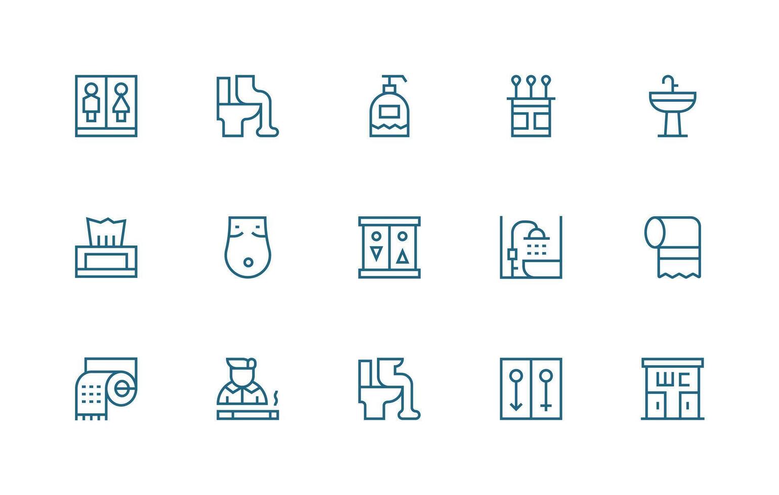 Regular Line Style Restroom Icons with 15 Vectors Responsive Icon Set for Flexible Layouts