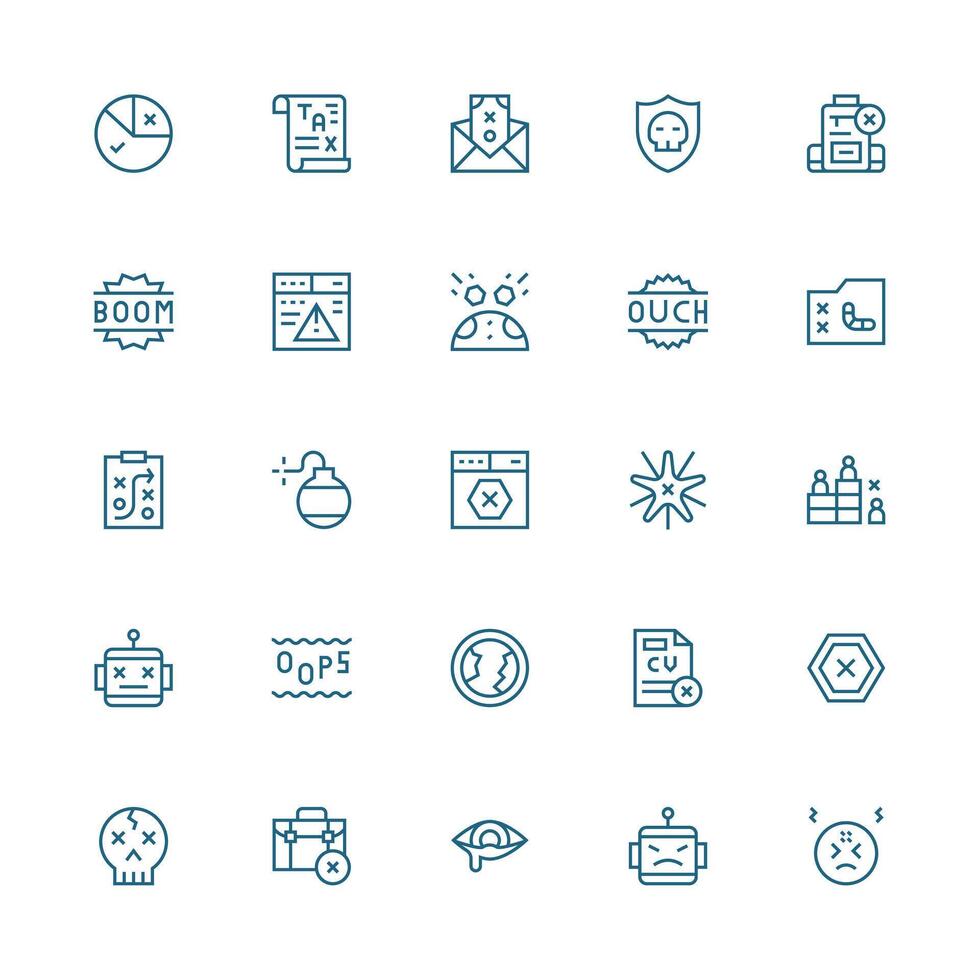 Failure Design Icons featuring 25 in Medium Stroke Outline Style Web and App Icon Pack Collection vector