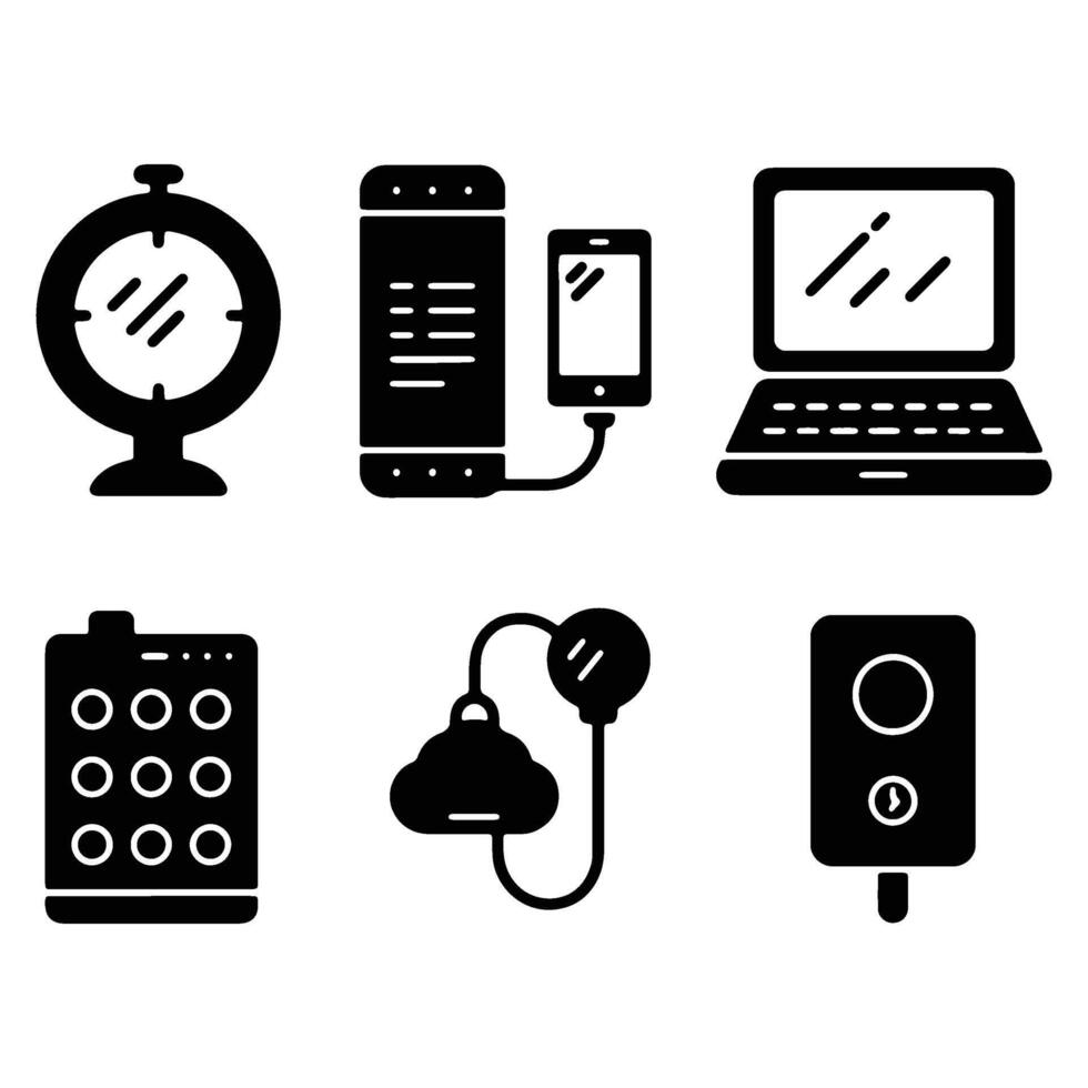 Sleek Black Icons Modern Technology and Gadgets Set for Digital Design, User Interface, and Mobile App Development vector
