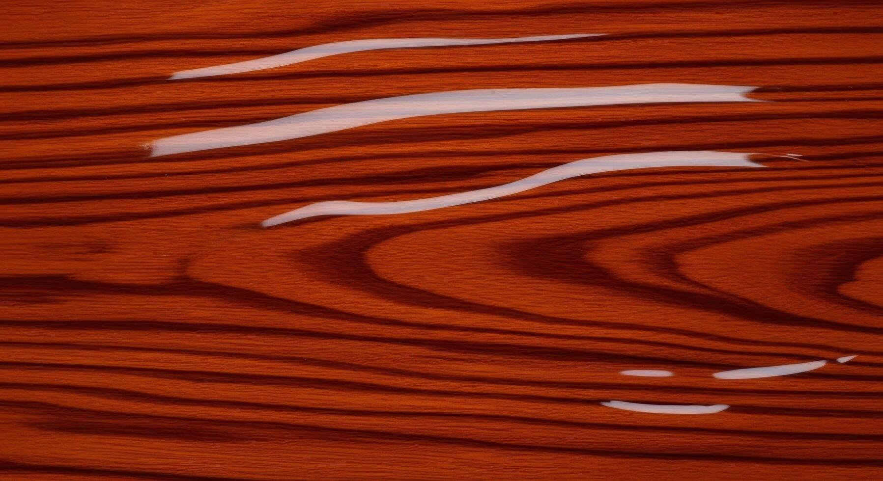 Abstract texture of rich reddish-brown wood grain, featuring natural wavy patterns subtly enhanced by reflective streaks of clear liquid, creating a dynamic organic visual photo
