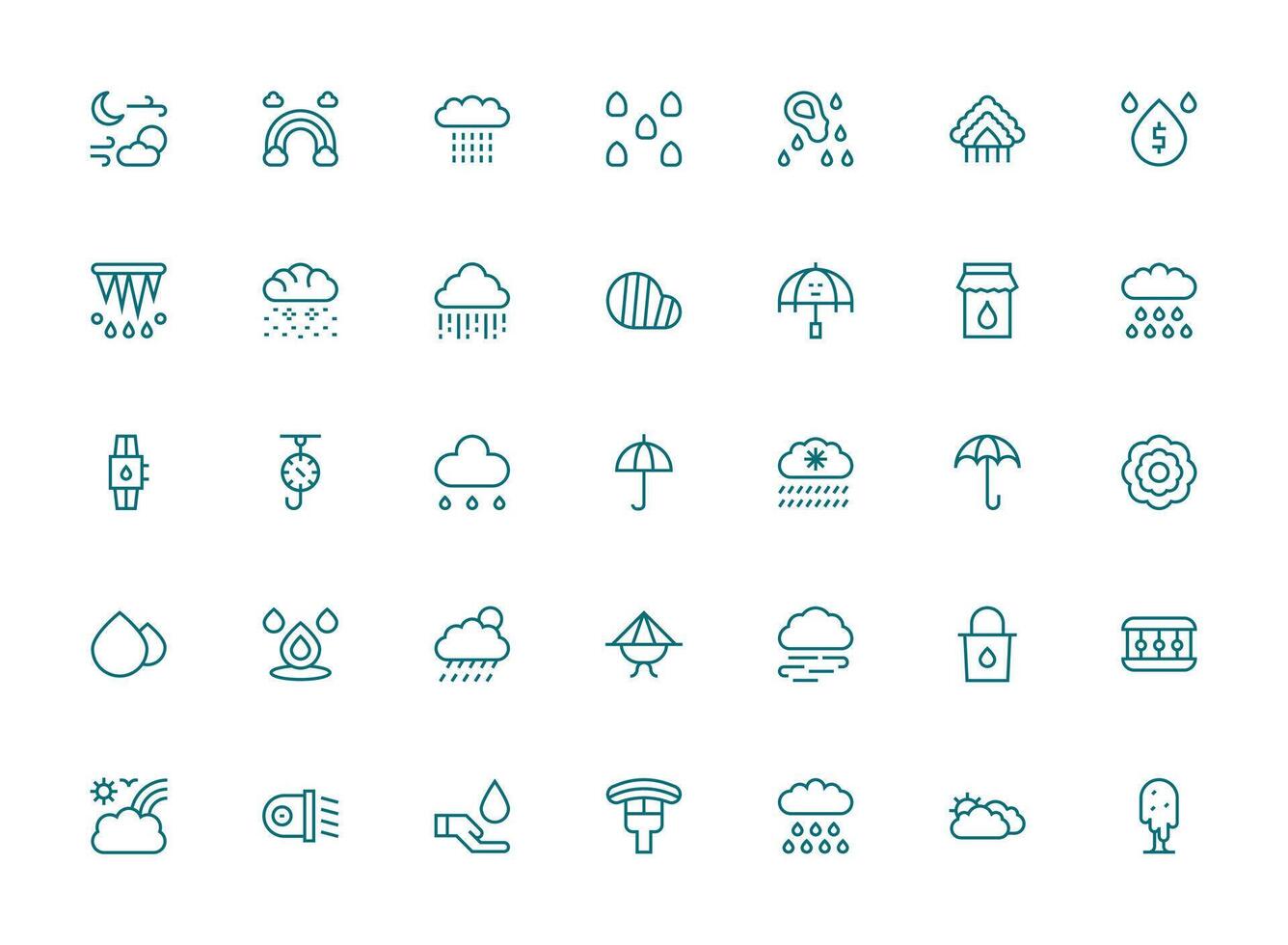 lluvia icono conjunto con 35 regular limpiar línea gráficos rápido acceso íconos para ui desarrollo vector