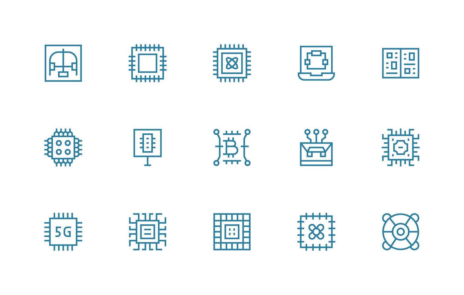 procesador diseño íconos presentando 15 en regular línea estilo reutilizable icono conjunto vector