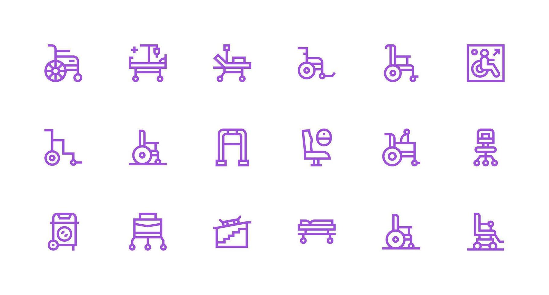 Wheelchair featuring 18 Icons in Strong Stroke Line Design Fully Editable Icon Set for Web vector