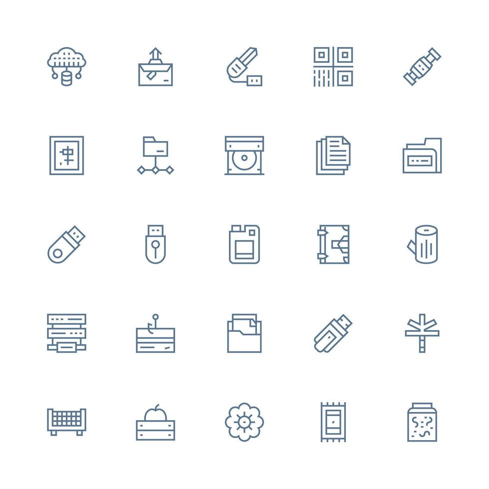 Data Storage Visual Pack containing 25 Medium Stroke Outline Icons UI and UX Focused Icon Collection vector