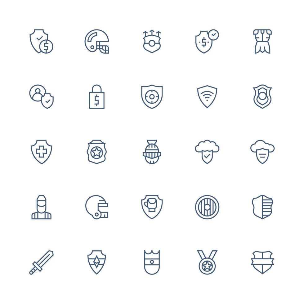 Shield Icon Collection with 25 Medium Stroke Outline Designs Essential Icons for Rapid UI Building vector