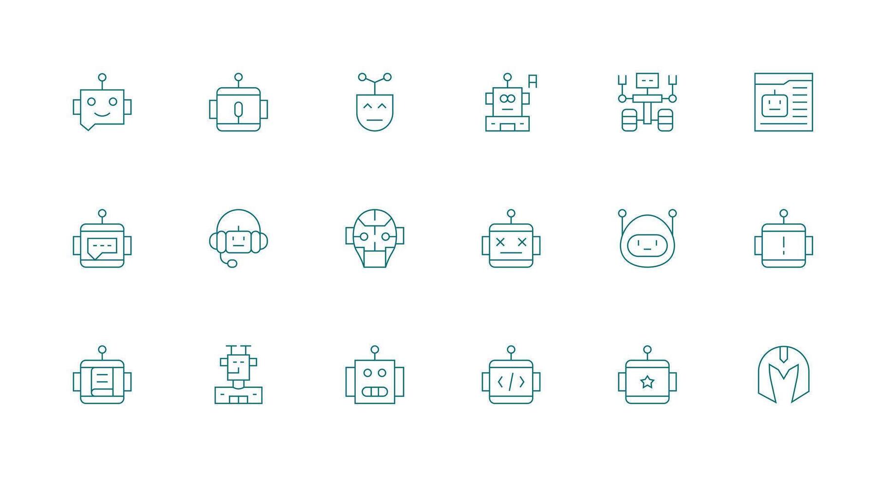 robot presentando 18 íconos en mínimo línea diseño compacto icono conjunto vector