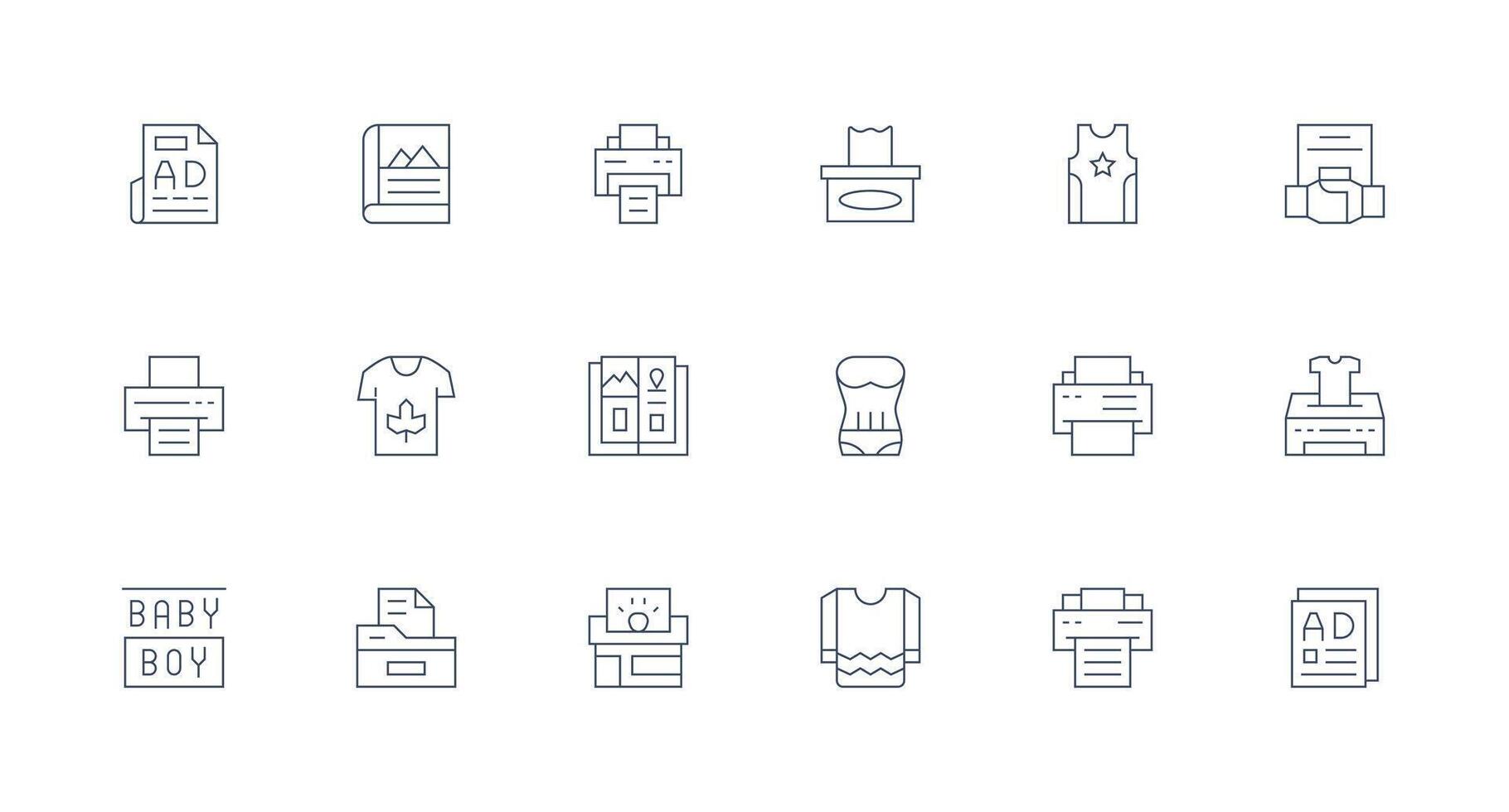 Print Design Icons featuring 18 in Minimal Line Style Multi-Purpose Icon Set vector