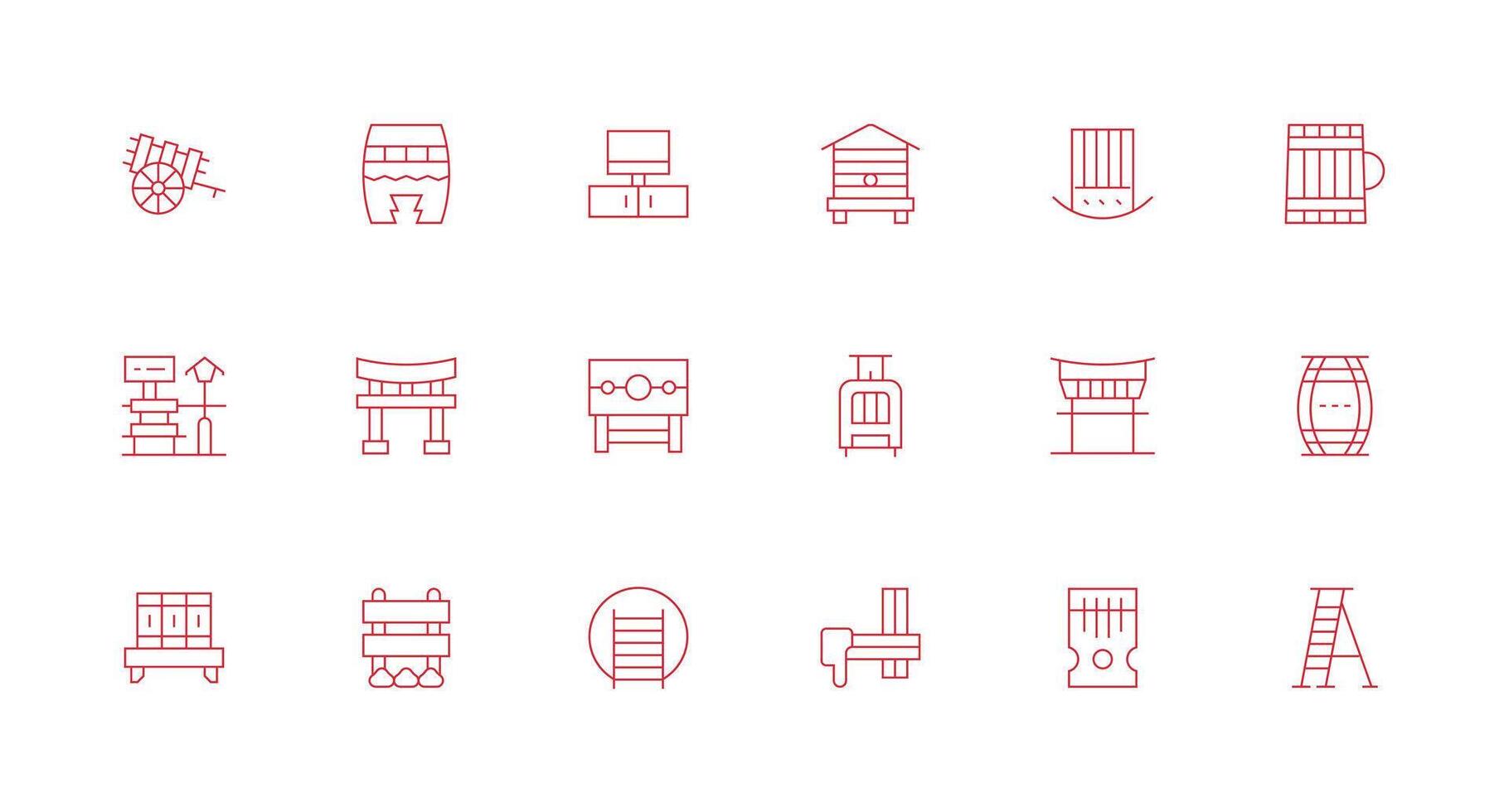 Wooden Design Icons featuring 18 in Minimal Line Style Balanced Icon Set for Functional Design vector