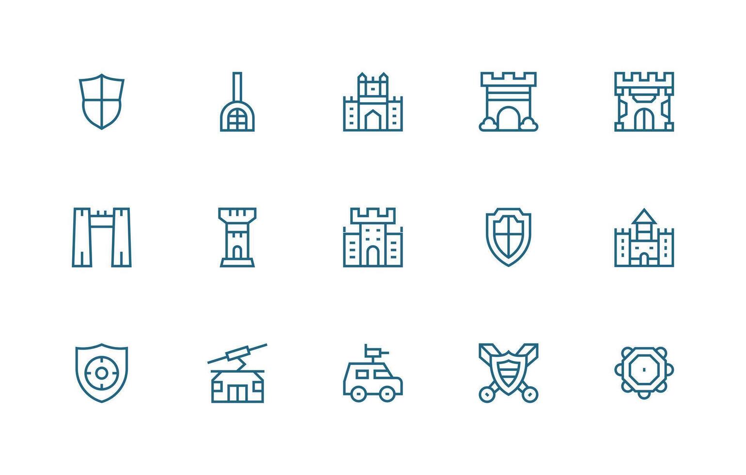 Defense System Icon Collection with 15 Regular Line Designs Simple Icons for Interface and Wireframes vector