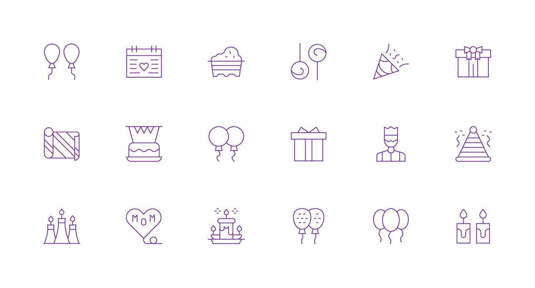 Birthday Icon Set with 18 Minimal Line Graphics Responsive Icon Set for Flexible Layouts vector