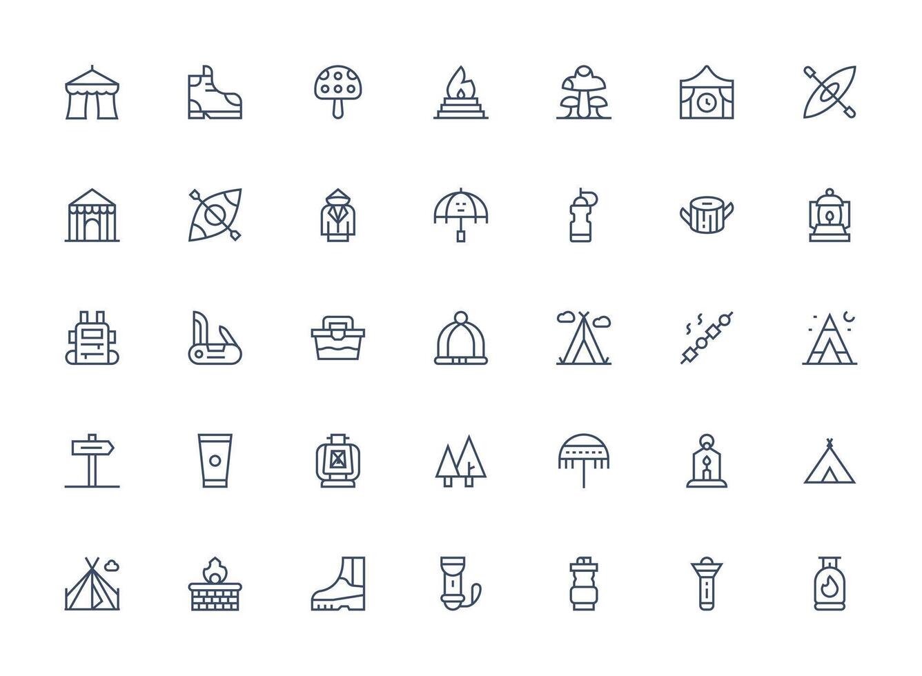 Camping Design Icons featuring 35 in Regular Clean Line Style Simple Icons for Interface and Wireframes vector