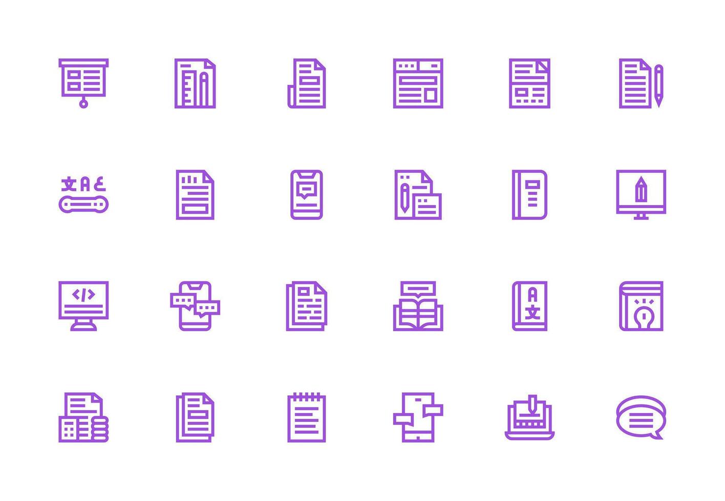 Text Icon Set with 24 Thick Line Line Graphics Sharp Icons for Presentations vector