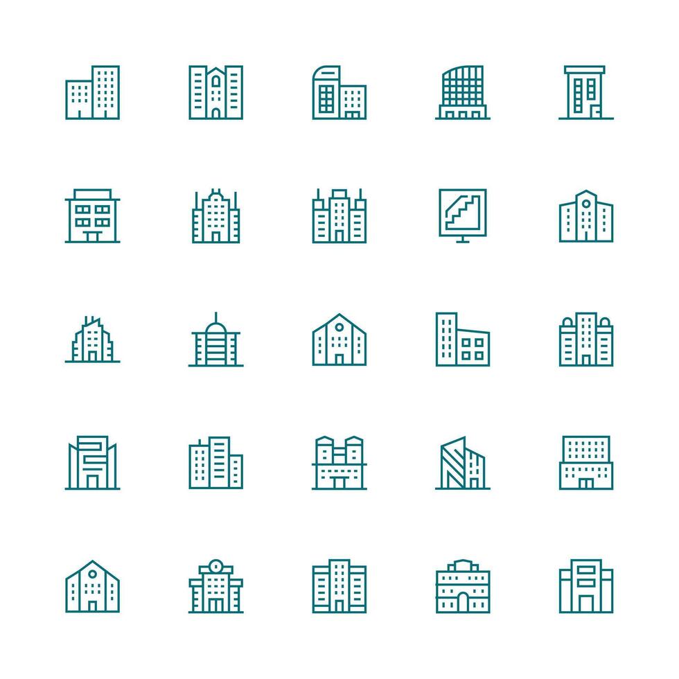 Office Building Visual Pack containing 25 Medium Stroke Outline Icons Balanced Icon Set for Functional Design vector