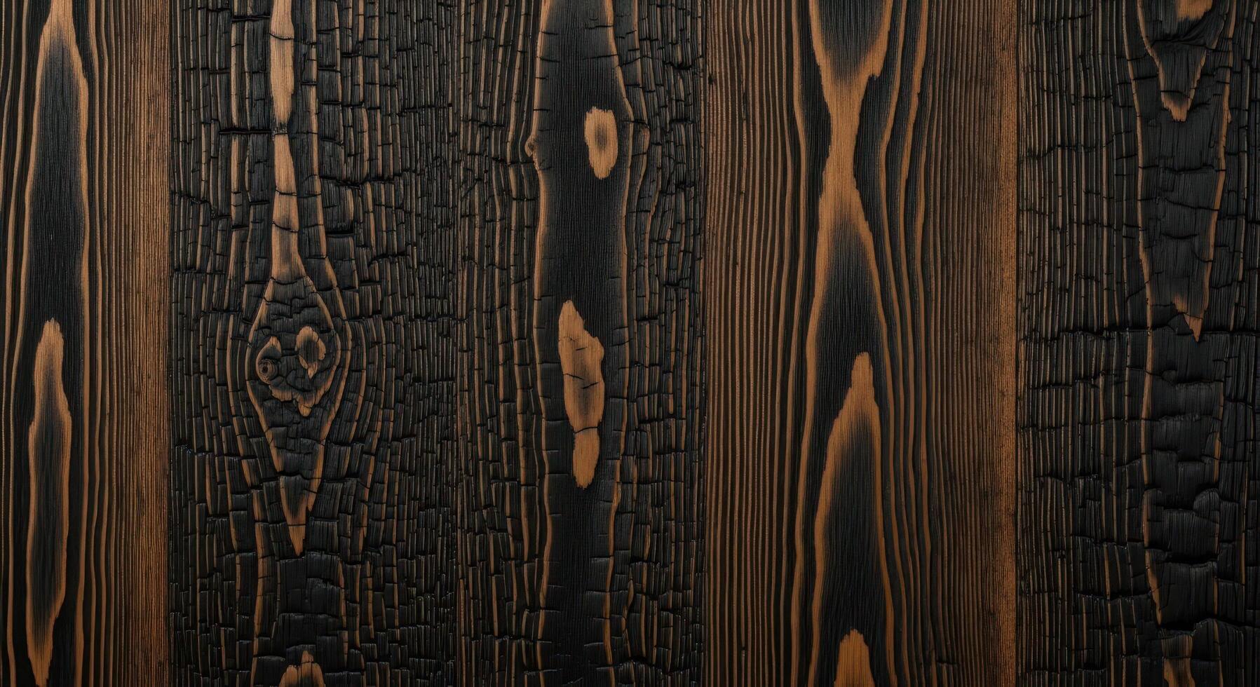 Intricate texture of dark burnt wood planks, showcasing natural grain and high-contrast char patterns, evoking a rustic, timeless aesthetic for backgrounds and design photo