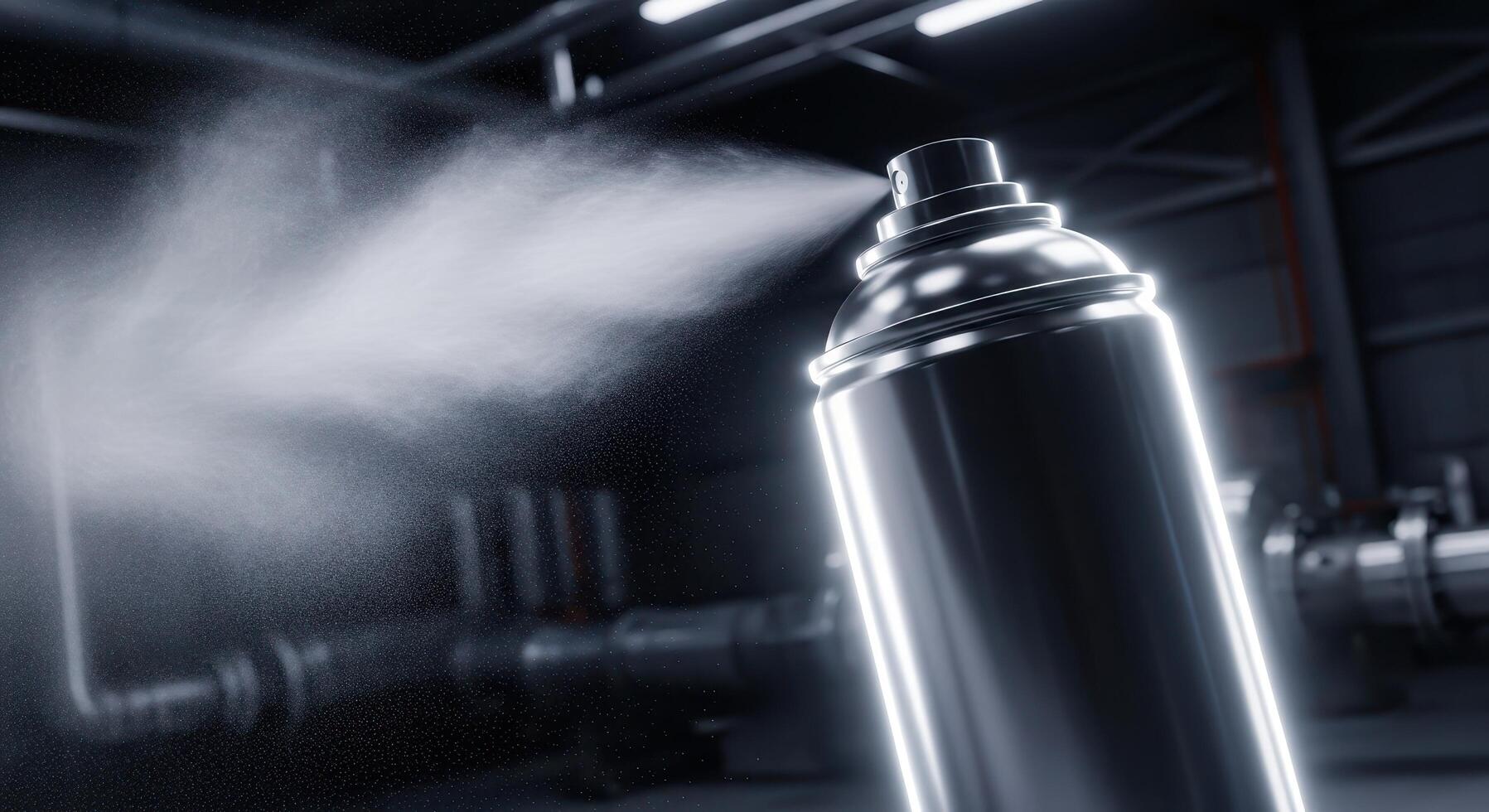 Monochromatic close-up of a metallic aerosol can releasing a fine white mist within a dark, industrial workshop setting photo