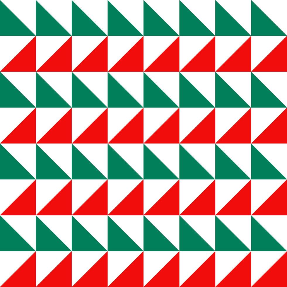 Seamless geometric pattern created with repeating red, green, and white triangles. vector