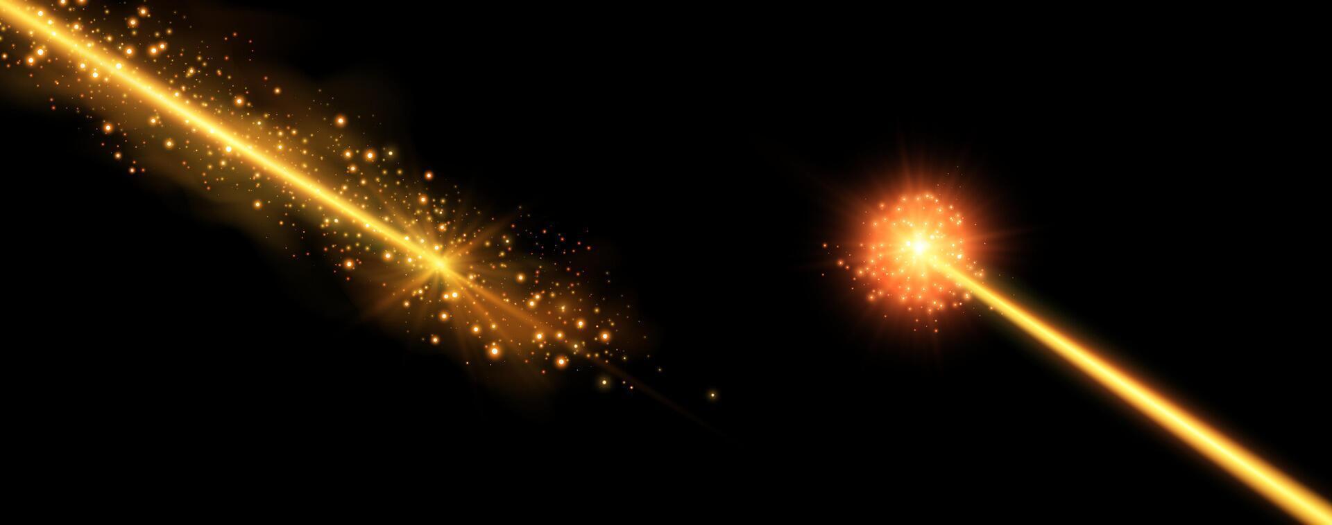 Orange horizontal laser beam. Neon line, presentation pointer. Orange glow flare light effect. illustration. Isolated on dark background. vector