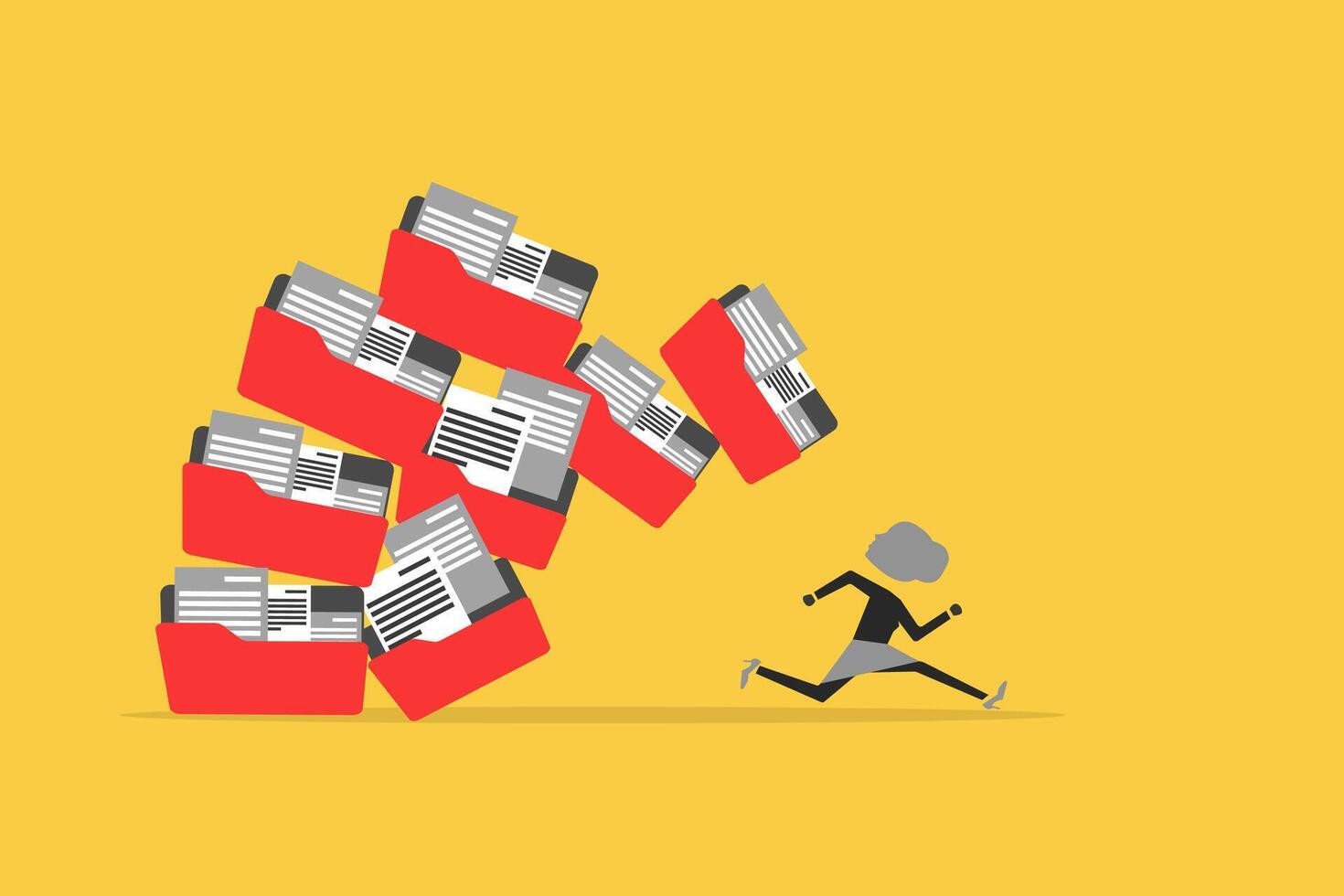 Business woman run away from collapsing stack of files folders. Communication problem or overload, too many folders vector